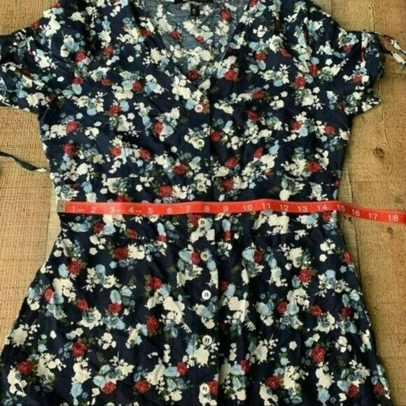 Derek Heart Floral Print Tie Short Sleeve Button-Front Navy Dress Adjustable - Picture 2 of 9